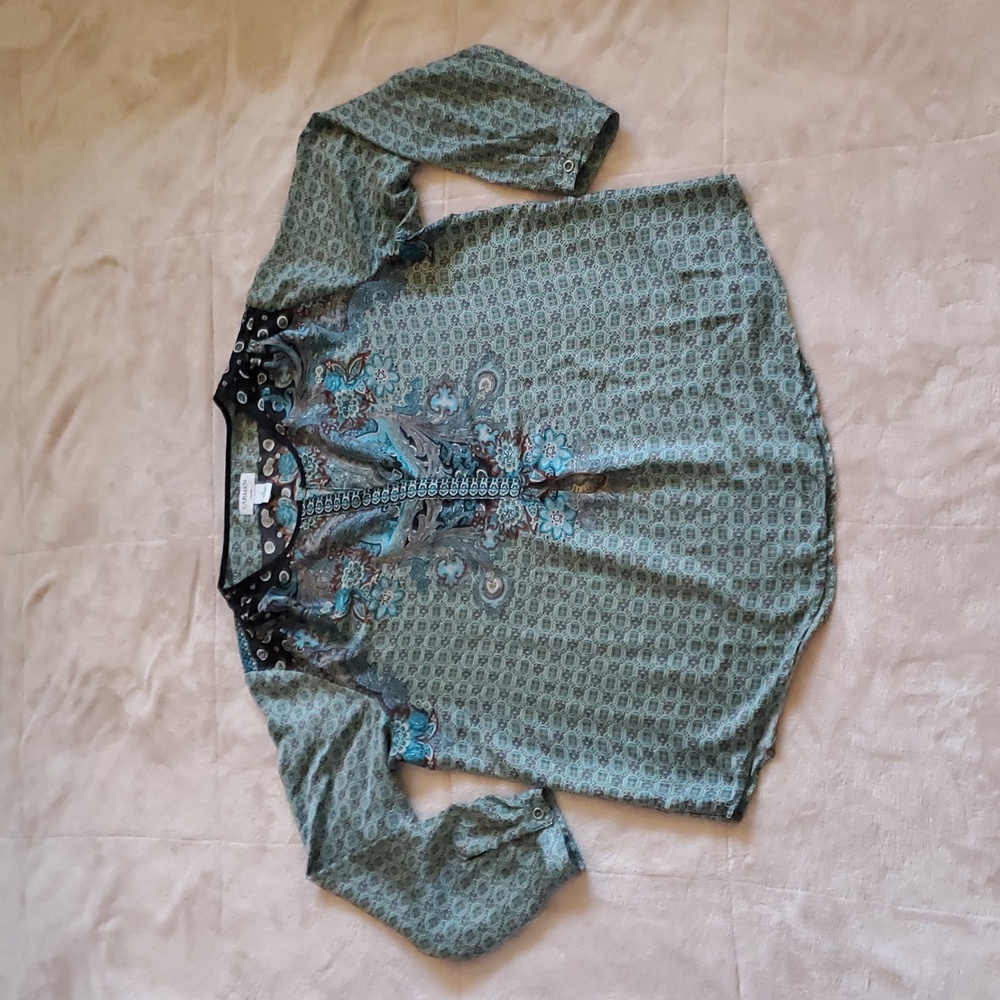 Carmen Marc Valvo Designer Women's Boho Paisley Long Sleeve Silky Blouse Top 1X